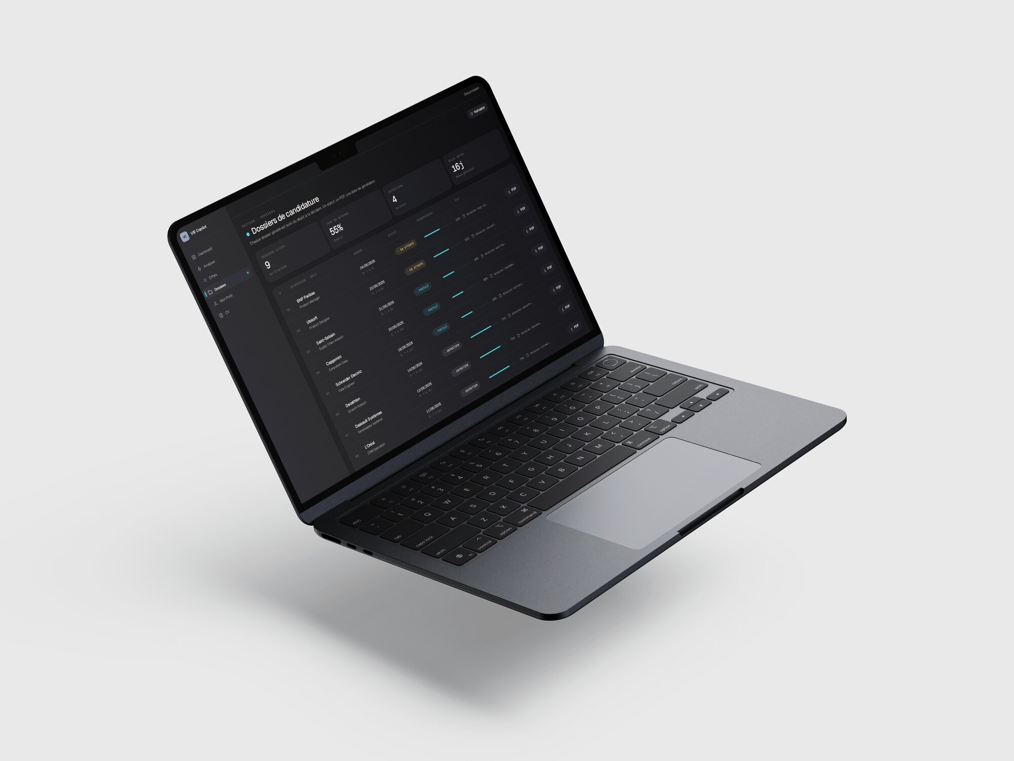 Copilot AI — dossiers de candidature (MacBook en perspective)