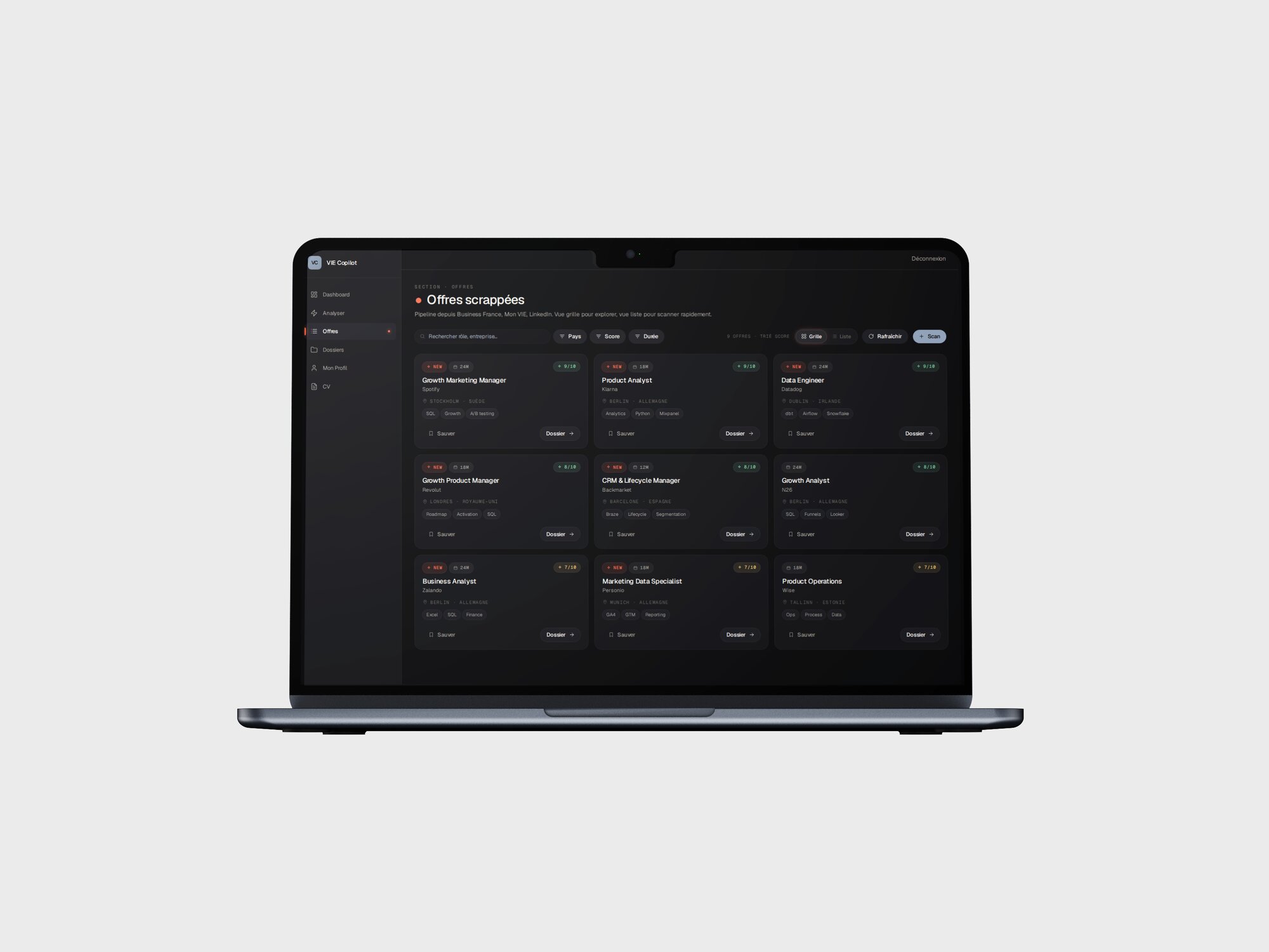 Copilot AI — offres scrappées (MacBook de face)