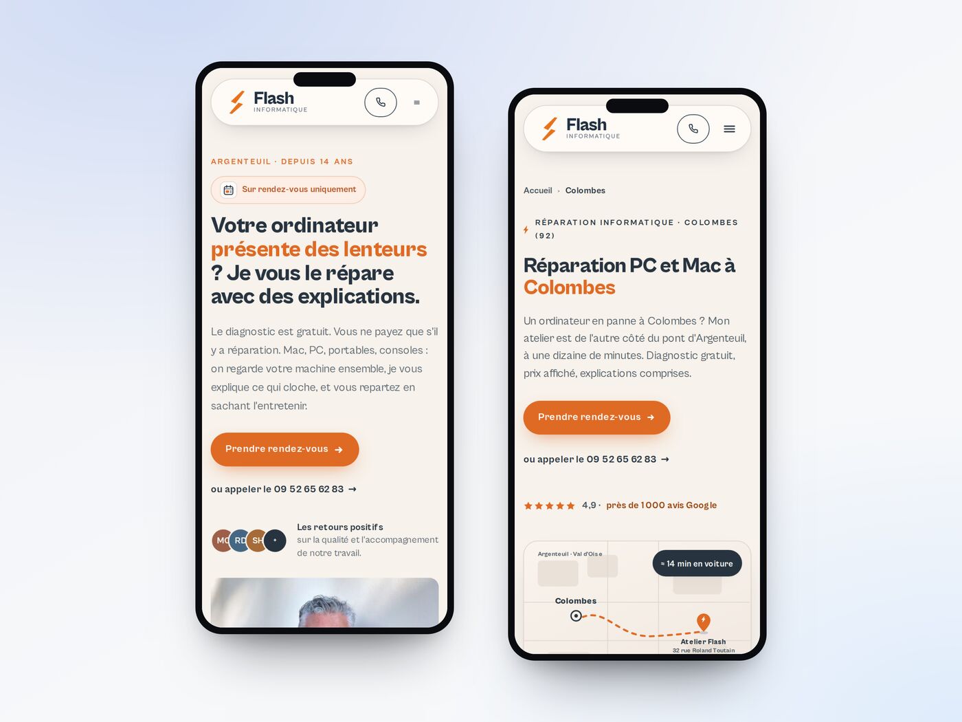Flash Informatique — accueil et page locale sur téléphone
