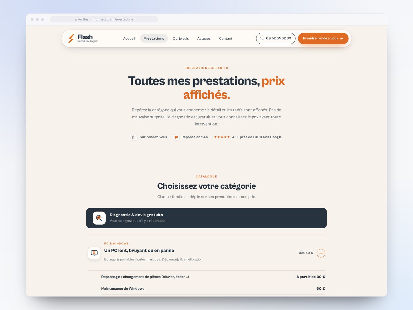 Flash Informatique — la page Prestations