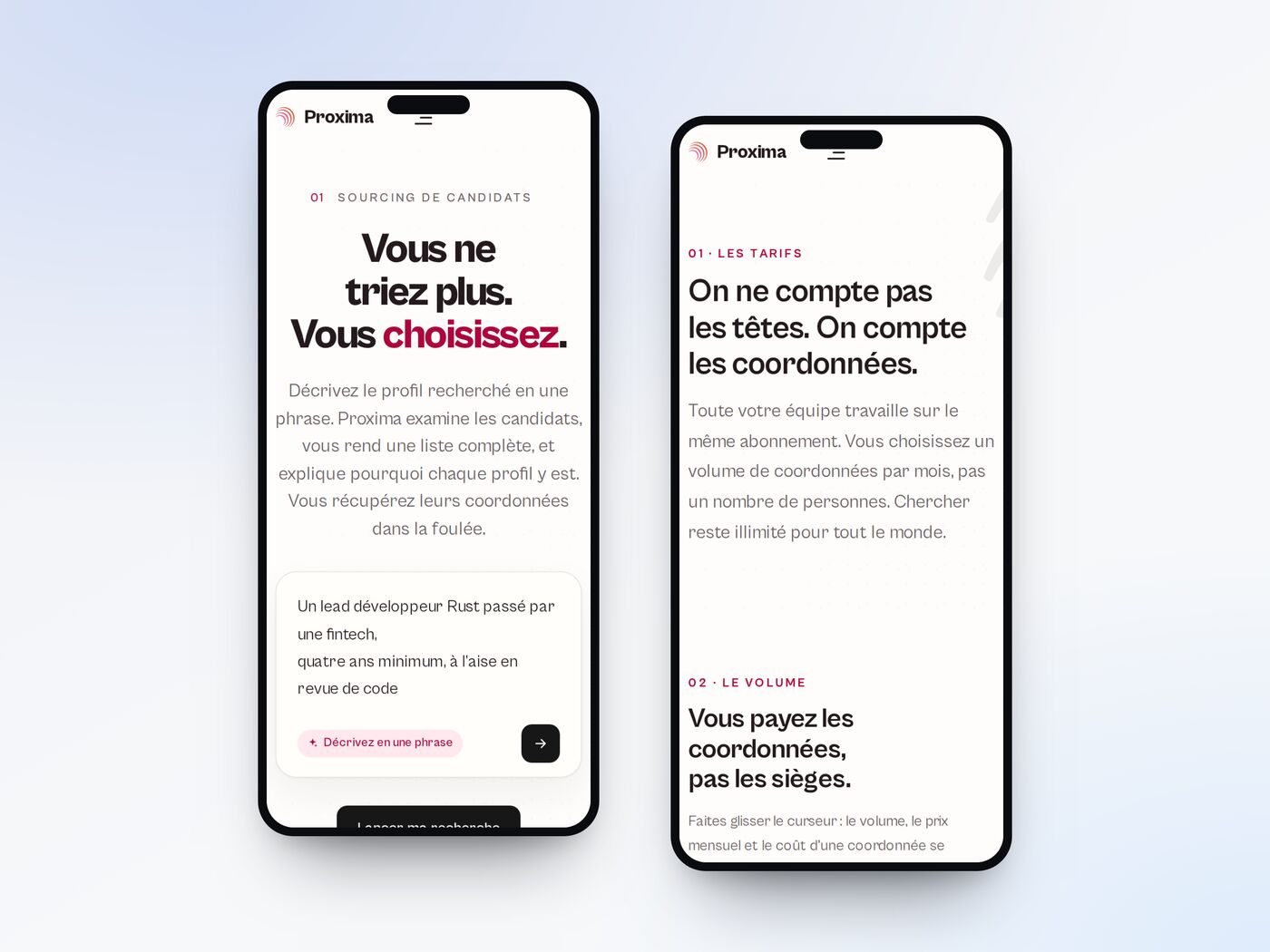 Proxima — accueil et tarifs sur téléphone